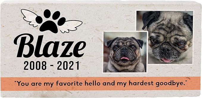 Personalized Pet Memorial with Keepsake Photo on Limestone - Headstones, Garden Stones, and Grave Markers for Dogs - Dog Memorial Stone, Pet Memorial Gifts - 12”x 6”x1.25" C (C. Blaze Design)