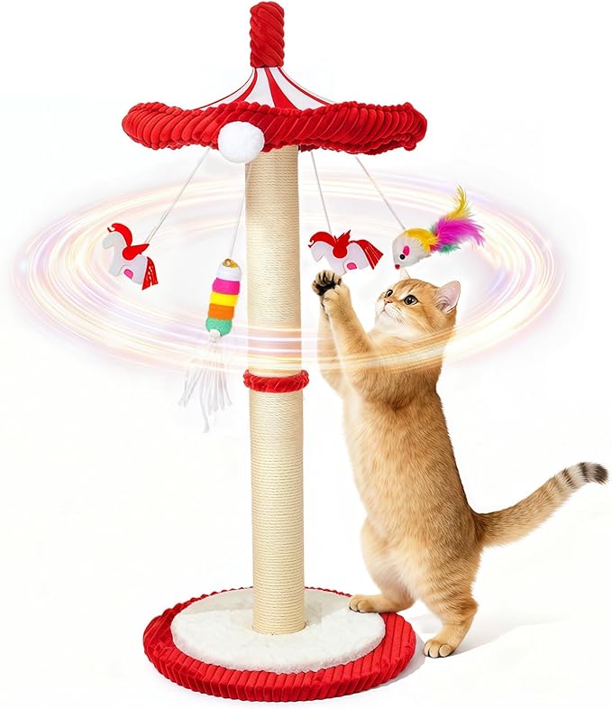Merry-Go-Round Cat Scratching Post & Interactive Cat Toy | 39" Very Tall Scratcher with Rotating Top for Indoor Cats, for Kittens to Large Adults