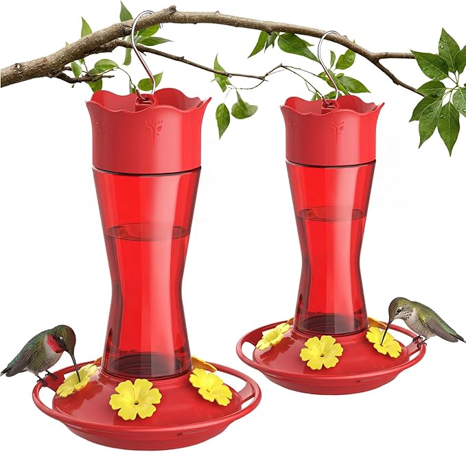 Kingsyard 2-Pack Glass Hummingbird Feeder for Outdoors Hanging, 10 oz Leak-Proof Humming Bird Feeders with Ant Moat & Bee Proof Feeding Ports, Hummingbird Gift for Bird Lovers (Red)