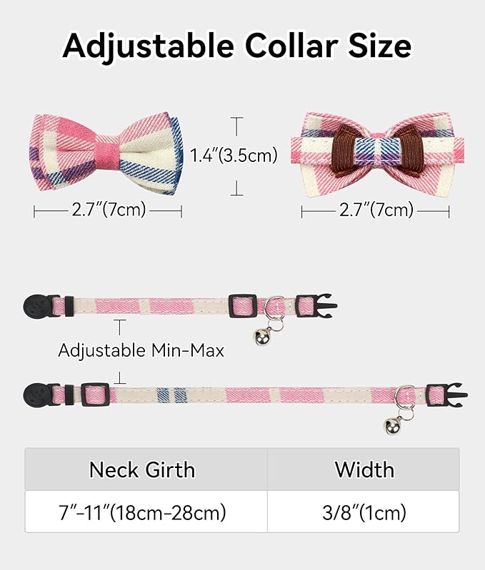 Joytale Upgraded Cat Collar with Bells, Breakaway Cat Collars with Bow Tie, 2 Pack Girl Boy Safety Plaid Kitten Collars, Pink+Teal