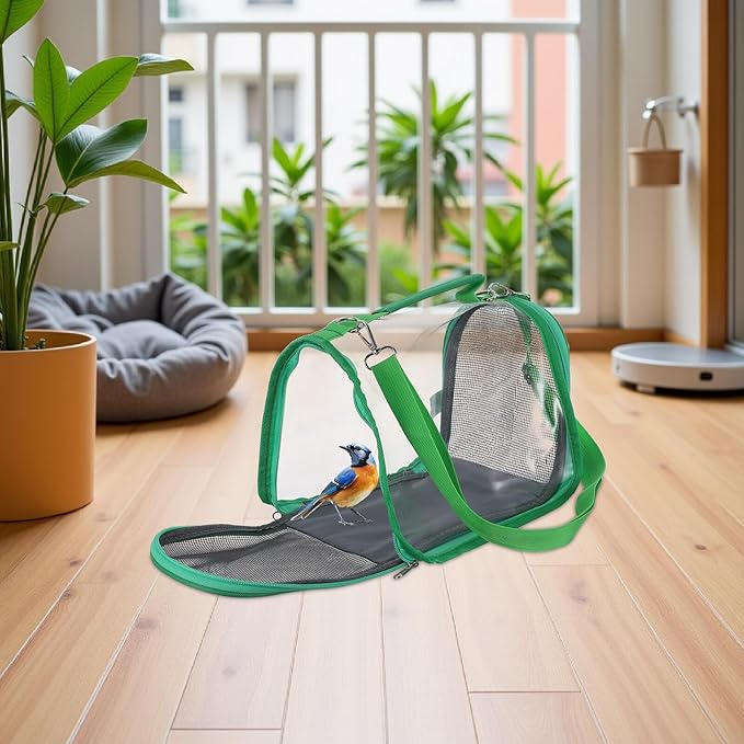 Portable Outing Bird Carrier Cage for Small Birds, Lightweight Parakeet and Lizard Carrying Cage with Strap and Handle, Green Small Size for Hiking and Vacation Trips