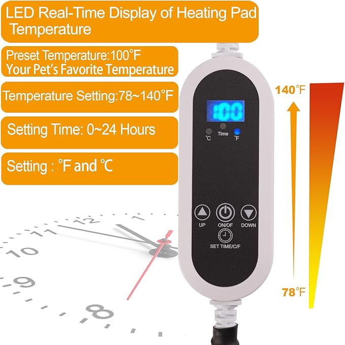 Pet Heating Pad,LED Real-Time Display of Heating Pad Temperature,Heated Bed for Dogs Cats, Preset temperatureand time,with Includes Soft Washable Fleece cover17 X 18"