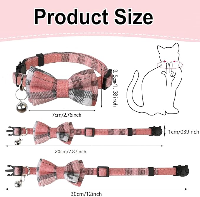 6 Pack Breakaway Cat Collar Bow Tie, Soft Plaid Kitten Collars with Bells Adjustable Buckle 8-12 in Quick Release for Small Pet