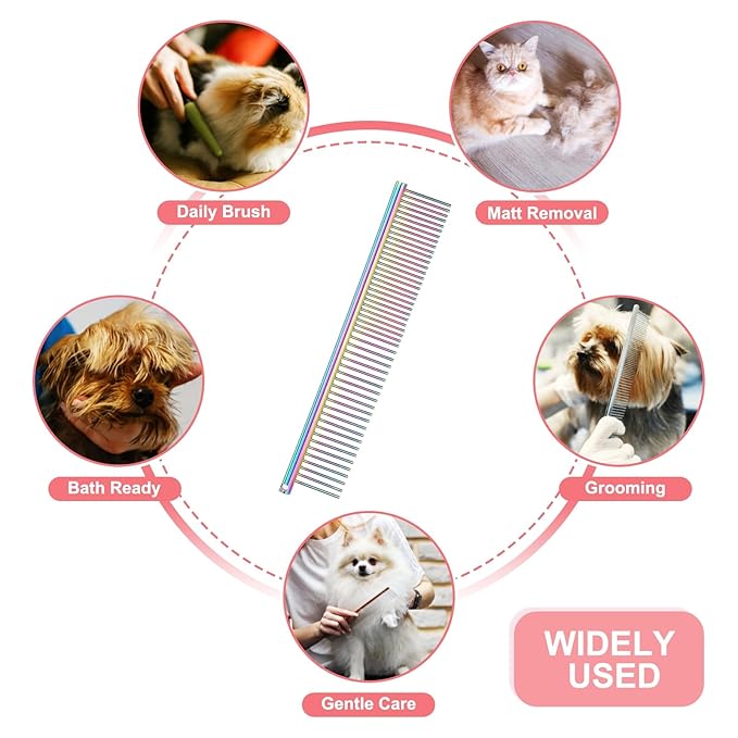 Dog Cat Comb, Pet Combs Stainless Steel Teeth with Rounded Ends for Knots Mats Loose Hair Removal, 6.5IN (Colorful Plated, 3 Pack), Grooming Tool Intended for Long Curly Hair Pet