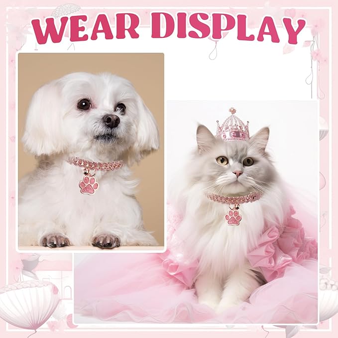 Hillban Cat Collar Diamond Chain Glitter Collar Walking Metal with Secure Buckle Cat Pet Necklace with Paw Charm and ID Tag Bell Link Cuban Jewelry Accessories Gift(8 Inch,Rose Gold, Pink)