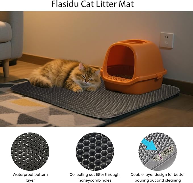 Cat Litter Box Mat Double Layer Trapping Mat Easy-Clean Waterproof Urine Proof(Gray 30x22in)