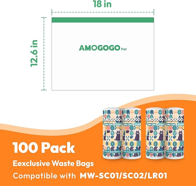 100 Pcs Litter Box Liner Bags, Compatible with Meowant MW-SC01, SC02, SC09 and MW-LR01, Automatic Litter Box Heavy Duty Replacement Waste Bags, Leak-proof Trash Bags, 18.5" x 12.6"