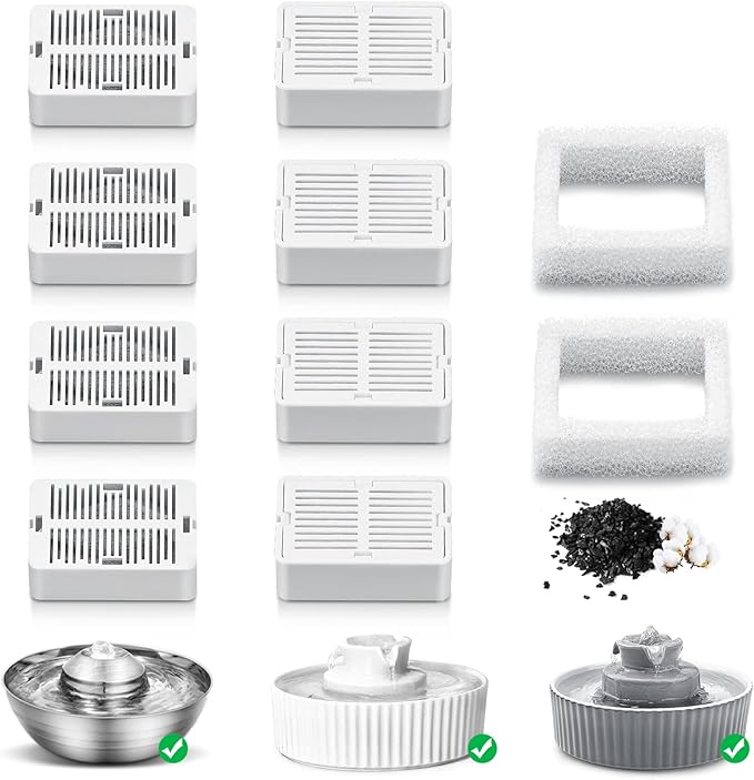Wave and Cup Cake Porcelain Cat Fountain Filter 8 Carbon Filters 2 Foam Filters Ceramic Pet Fountain Water Dispenser Dog Fountain Replacement Filters(10PACK)