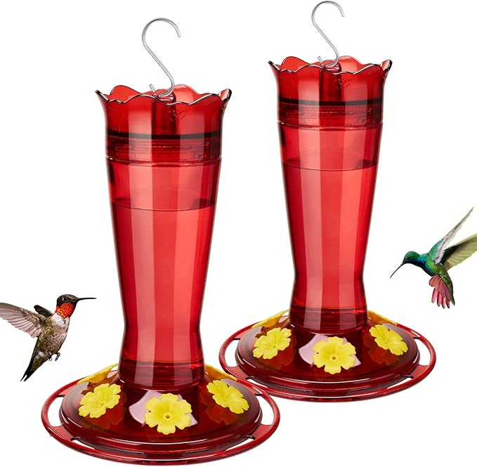 Kingsyard 2-Pack Glass Hummingbird Feeder for Outdoors Hanging, 14 oz Leak-Proof Humming Bird Feeders with Ant Moat & Bee Proof Feeding Ports, Hummingbird Gift for Bird Lovers (Red)