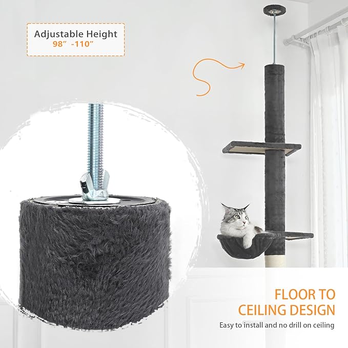Floor to Ceiling Cat Tree,5 Tiers Tall Cat Tower with Adjustable Height(98-110),Cat Tree Floor to Ceiling with Cozy Hammock,Sisal Scratching Posts,Platforms,and Hanging Balls for Large Cats