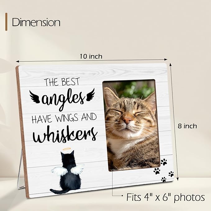 Cat Memorial Gifts for Loss of Cat, Angels Have Wings And Whiskers, Pet Memorial Wooden Picture Frame Sympathy Gifts, Fits 4x6 Photo Frame
