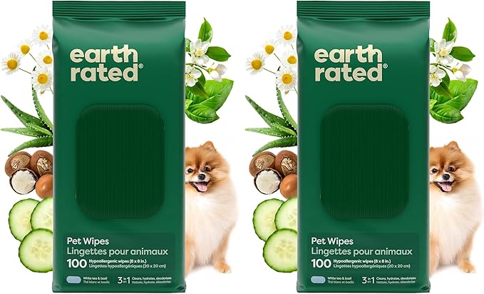 Earth Rated Pet Wipes for Dogs and Cats, Hypoallergenic, 3-in-1 Cleaning, Deodorizing and Hydrating, for Grooming Paws, Body and Butt, New White Tea and Basil Scent, 100 Count (Pack of 2)
