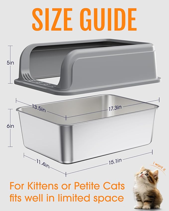 Stainless Steel Cat Litter Box, Metal Litter Box with Scoop, High- Sided, Anti-Leakage Top Entry, Non-Sticky, Easy to Clean, Grey, M (1 Pack)