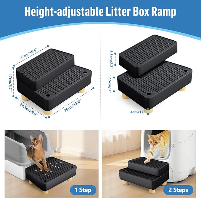 Extra Large 2 Steps Cat Litter Box Step Ramp, Cat Litter Catcher Mat with Wooden Feet, Filter Function, Cat's Pedal Stool for Self-Cleaning Litter, Suitable Kitten & Elderly Cats (Black)