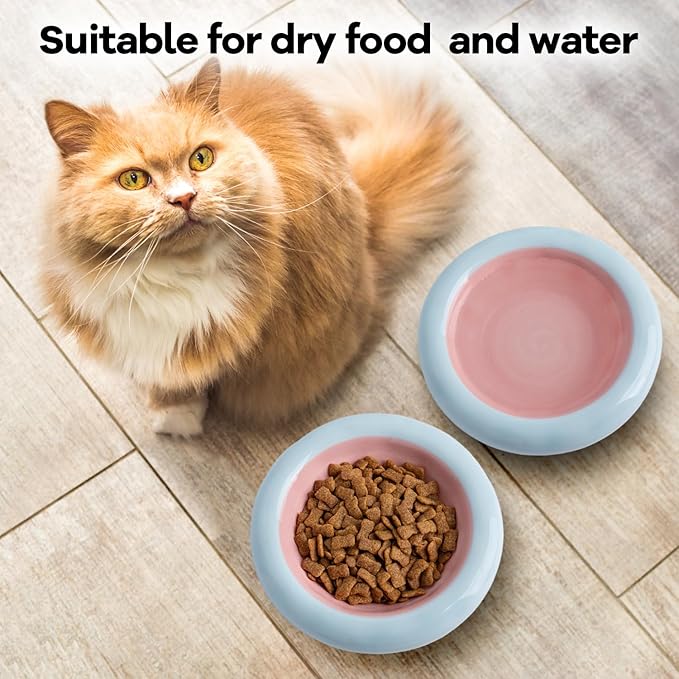 6-Inch Ceramic Cat Food Bowl,6 Oz Wide Shallow Cat Bowls,Whisker Fatigue Relief,Anti-Vomiting Design,Spine Protection for Cats,Dishwasher and Microwave Safe,Set of 1(Pink and Blue)