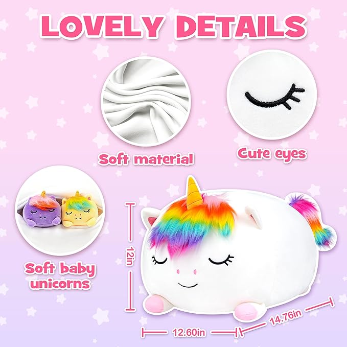 Unicorn Plush, Stuffed Animal Set with 4 Baby Unicorns, Soft Stuffed Toy Pillow, Pink Birthday for Kids Boys Girls