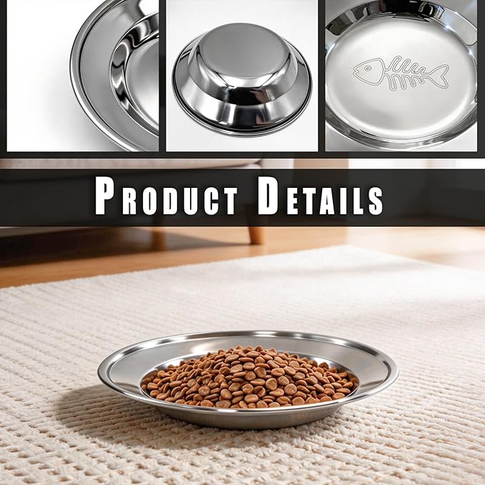 4-Pack Stainless Steel Cat Bowls, 6.3” Shallow Cat Bowl, Whisker-Friendly to Help Reduce Whisker Fatigue, Thickened & Durable Cat Dishes for Cats and Kittens, Dishwasher Safe