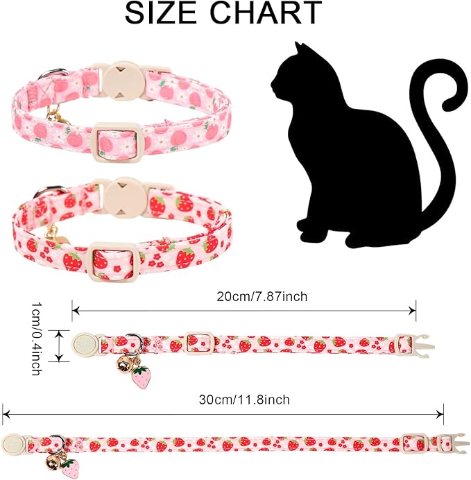 2 Pack Pink Strawberry Cat Collars Breakaway with Bell, DOGWONG Safety Buckle Peach Cat Collar for Girl Boy Cats and Small Dogs，Adjustable 7-12 Inch,Pet Supplies Accessories