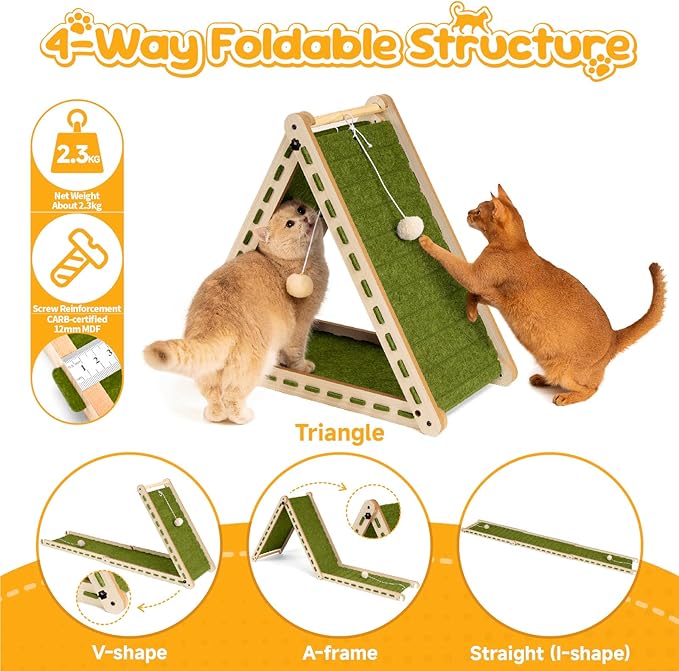 Cat Scratcher with Ball Toy Foldable Cat Scratch Pad Felt Triangle Scratchers for Indoor Cats Large Cat Scratching Board Mat Cats Scratch Furniture Protector Kitten Toys Green