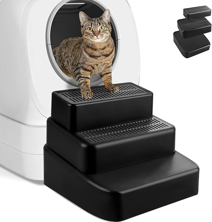 Adjustable 3 Steps Litter Box Ramp, Litter Box Step with Filter Function, Easy to Clean Cat Litter Stair Catcher for Older Cats and Small Cats (Black)