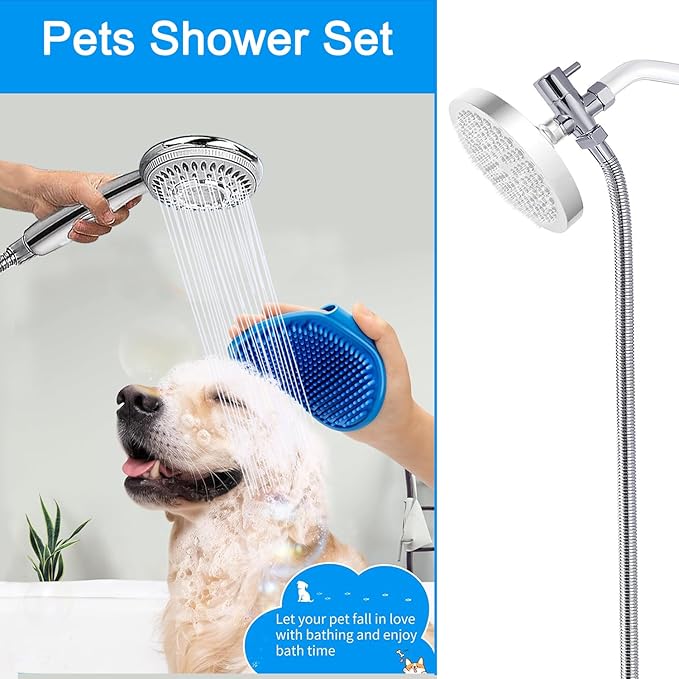 Dog Shower Attachment,Shower Head Sprayer Attachment with ON/OFF Shower Head, Brass 3-Way Diverter for Connecting Shower Arm, Stainless Steel Hose, Dog Brush and Adhesive Holder for Convenient Bathing