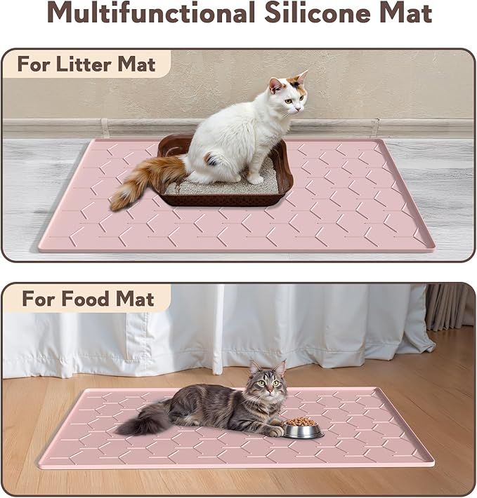 Silicone Cat Litter Trapping Mat, Large Waterproof 34" X 22" Cat Litter Box Mat, Easy to Clean, Pink