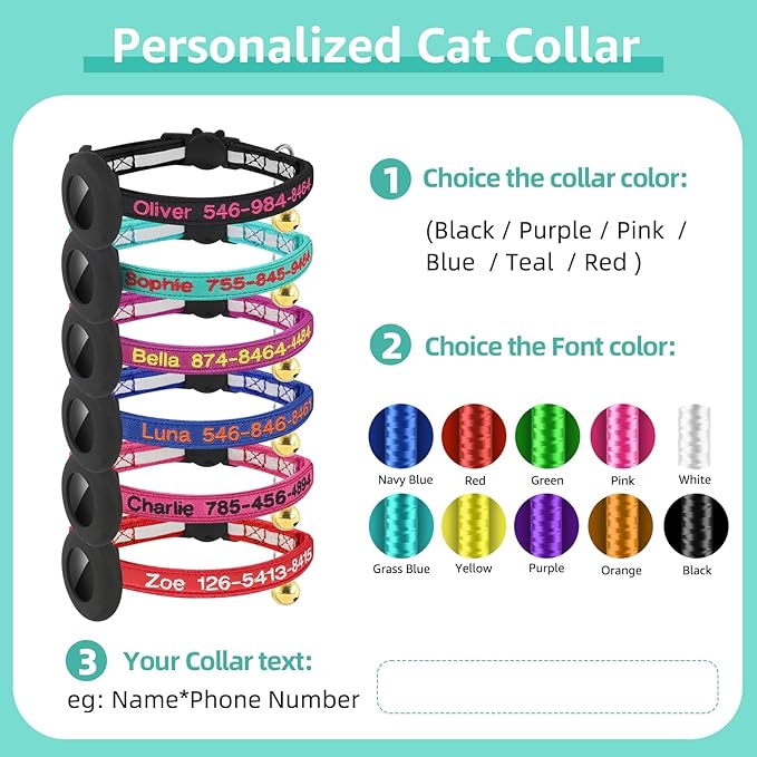 Custom Cat Collar, Personalized Nylon Breakaway Cat Reflective Collar Embroidered with Pet Name and Phone Number with Waterproof Holder Case and Bell (with Silicone Protective Case)