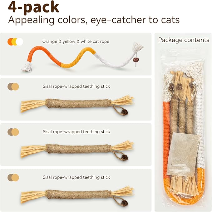 Toys for Indoor Cats Silvervine Sticks 3Pcs with Gall Fruit, Cat Chew Ropes 1Pcs, Interactive Catnip Toy for Kittens Dental Care Teeth Cleaning Orange