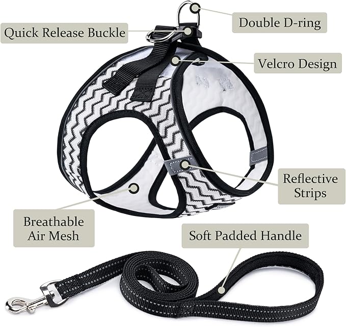 BOOMIBOO Dog Harness with Leash Set, No Pull Adjustable Reflective Step-in Puppy Pet Vest Harnesses for Small Medium Large Dogs and Cats,White Stripe M