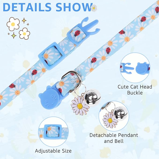 SCENEREAL Breakaway Cat Collar with Bell, 2 Pack Safety Adjustable Cat Collars with Pendant, Pink Personalised Puppy Kitten Collar with Bow for Spring Summer, Strawberry Daisy