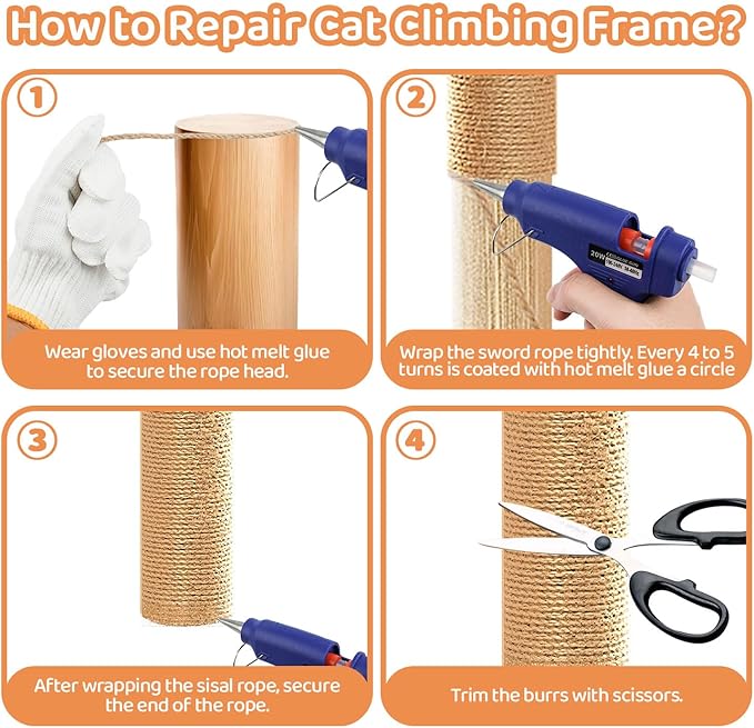 262 ft Sisal Rope for Cat Scratcher Kits, 4mm Thick Rope for Cat Scratch Post, DIY Hemp Twine with Hot Glue Gun and 30 Glue Sticks