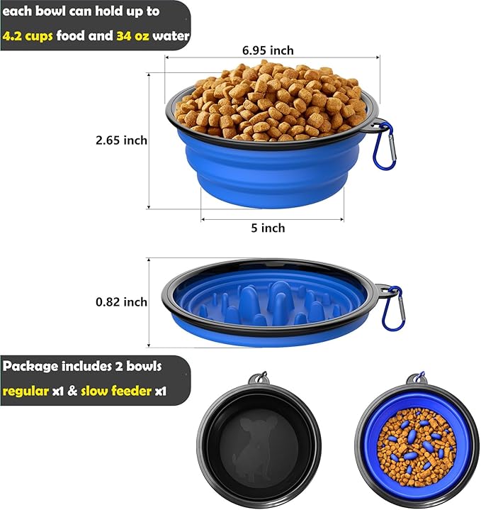 Dog Bowl Pet Collapsible Bowls Slow Feeder Dog Bowls, 2 Pack for Cats Dogs 34 oz, Portable Foldale Pet Water Food Feeding Dishes for Walking Hiking Traveling with 2 Carabiners (Blue+Red)