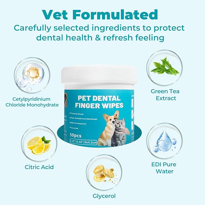 Pet Teeth Cleaning Finger Wipes for Cats and Dogs, Unscented Tartar Control with Tea Polyphenol, Fresh Breath, 50 Count