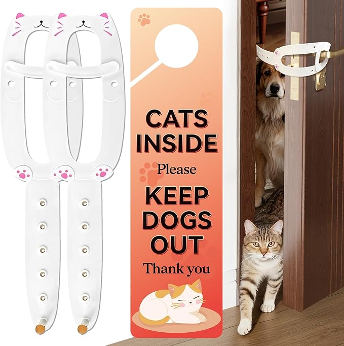 Cat Door Latch,2 Pcs Door Prop for Cats to Keep Dogs Out of Litter Box and Food, Preventing Hand Pinching, Cat Door Stopper with 6 Adjustable Straps 2.5-6.5" Wide, Including Door Plate, White