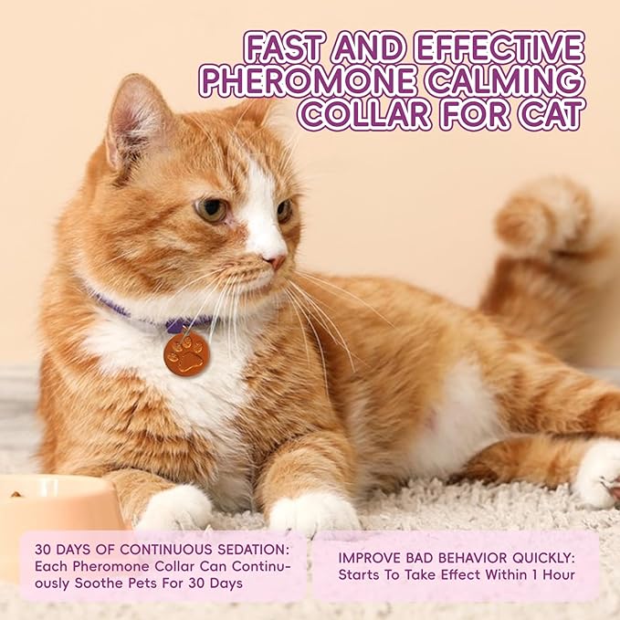 Calming Collars for Cats, 4 Packs Adjustable Calming Cat Collar with Pheromone Scent, with Yellow Gold Pendants, 120 Days Calm Relief for Anxious Cats, 15 Inch, Purple
