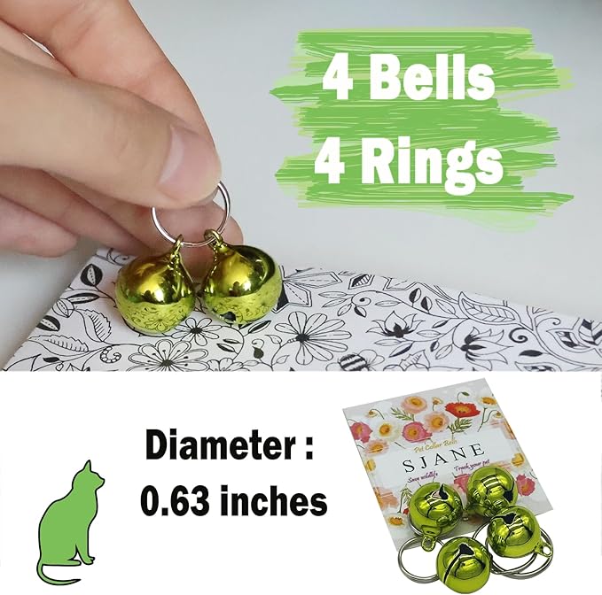 SJANE 4 Pack Cat & Dog Copper Bells - Pet Tracker Training | Pet Collar Accessories | Save Birds & Wildlife(Green)