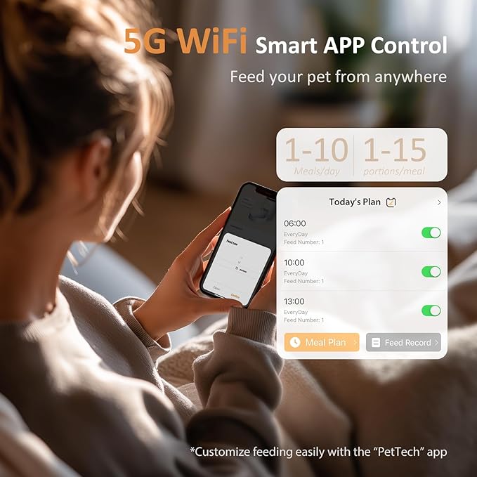 Automatic Cat Feeder WiFi: 5G Smart Auto Pet Feeder with App Remote Control- Timed Feeding Cat Food Dispenser with Airtight Lock-Fresh- Easy to Clean& Dual Power Supply with Stainless Bowl