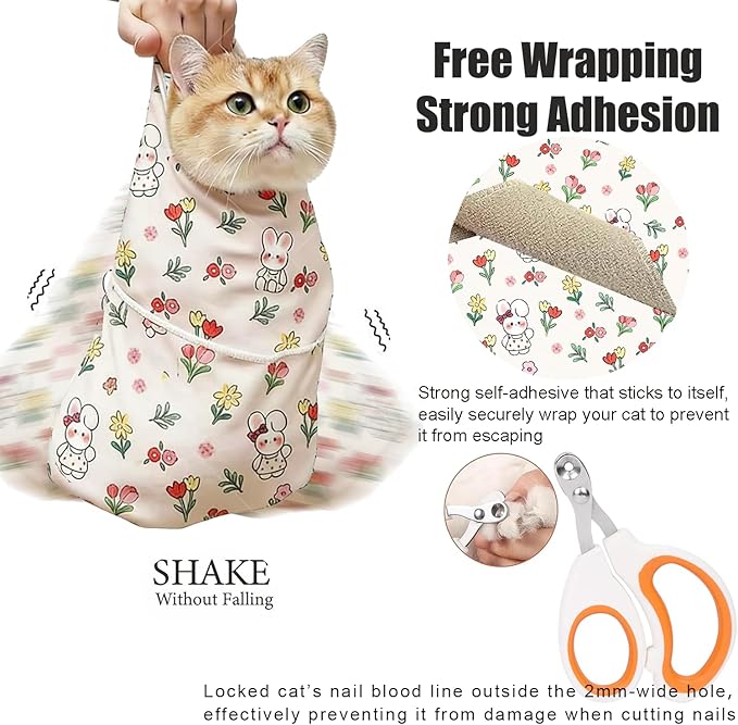 Cat Wrap for Cutting Nails, Self-Adhesive Cat Grooming Wrap Anti-Escape Anti-Scratch Calming Cat Swaddle Wrap for Nail Clipping, Medicine, Ear Cleaning, Multifuctional Pet Tool for Cat-Owner, Vet