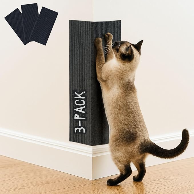 Cat Scratch Mat (3 Pack), 23.6’’ x 11.8’’ Wall Corner Scratcher, Versatile Self-Adhesive Replacement Easy Use for Cat Trees Wall Furniture, Scratching Posts, and Couch Protection (Black)