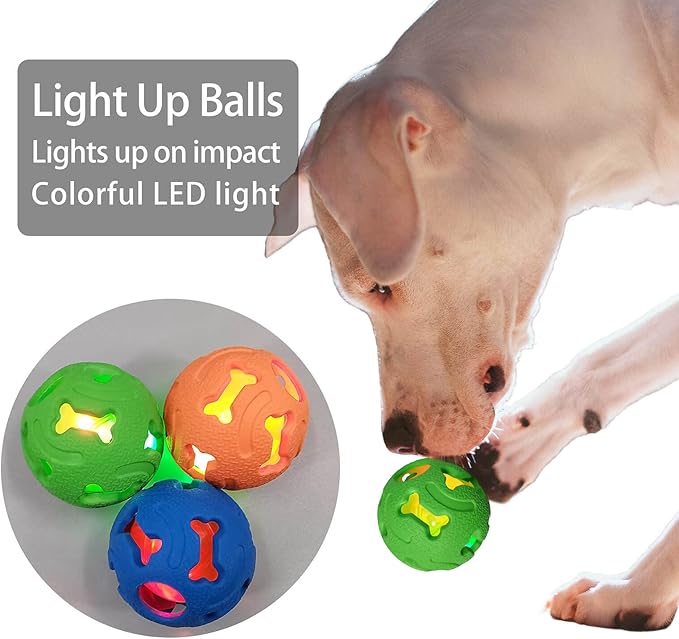 Leejec Dog Toys, 2.5" Interactive Light up Balls, Chew Toys for Medium and Small Breed, Rubber Durable Fetch Training Balls, Pet Birthday Gift, 3-Pack