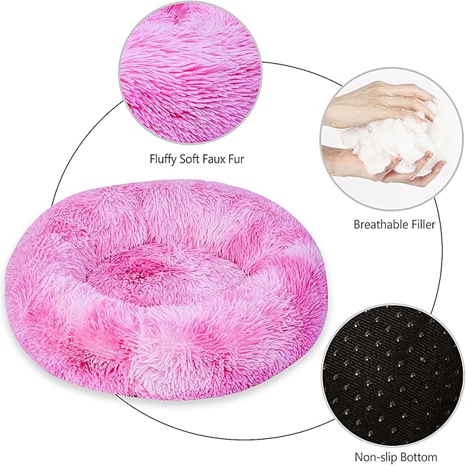 Calming Dog Bed for Small Dogs Cats, Kitty Puppy 23'' Round Anti-Anxiety Warm Fluffy Plush Faux Fur Bed, Soft Anti-Slip Donut Washable Small Pet Bed, Cozy Cat Puppy Bed, Fits up to 30 lbs Pets