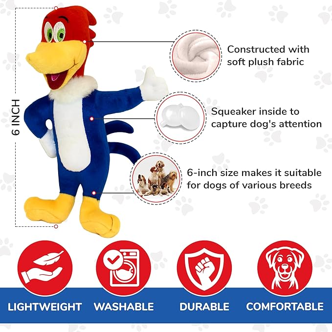 Multipet Woody Woodpecker X-Small 6" Bird Dog Toy | Funny Bird Dog Toy Contains No Electronic Parts or Circuitry | Woodpecker Dog Squeaker | Small/Medium Breed | 6" | Officially Licensed