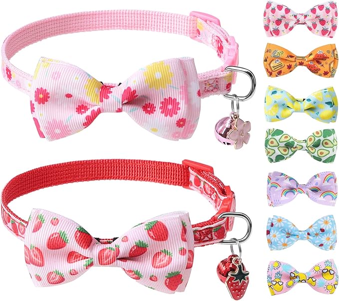 SCENEREAL Breakaway Cat Collar with Bell, 2 Pack Safety Adjustable Cat Collars with Pendant, Pink Personalised Puppy Kitten Collar with Bow for Spring Summer Valentines, Strawberry Flowers