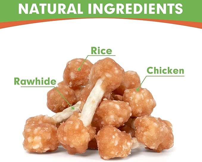 MON2SUN Dog Treats, 16oz Mini Rawhide Chews, Chicken Dumbbells with Rice for Small Dogs & Toy Breed, Crunchy and Healthy (2.5 Inch 30 Count) (Pack of 2)