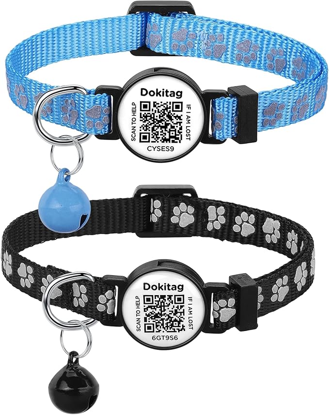 Reflective Cat Collar with QR Code Name Tag,Breakaway Cat Collars with Pet Id Tag and Bells,Scan QR Receive Instant Pet Location Alert Email 2pack (Blue&Black)