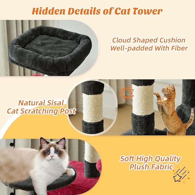 Sweetcrispy 44 inch Cat Tree Tower, Small Cat Climbing Tower with Condo, Natural Sisal Scratching Posts, Extended Platform, Hammock, Pet House for Indoor Cats and Kittens Play, Black and Red