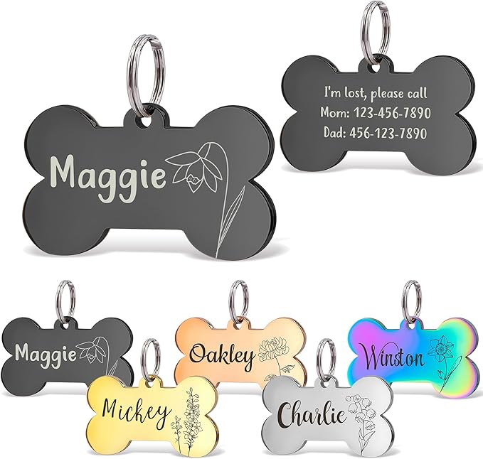 Anavia Floral Pet ID Tags, Birth Month Flowers Theme Dog Tag Round Bone Shape Cat Name Tag, Glossy Stainless Steel Gold Plated Dog Collar Tag (Bone Shape - Black, Large)