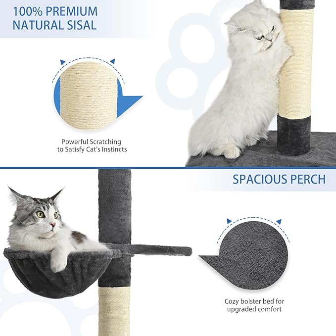 Cat Craft Floor to Ceiling Cat Tree,5 Tiers Tall Cat Tower with Adjustable Height(98-110),Skinny Ceiling Cat Tree with Cozy Hammock,Sisal Scratching Posts,Platforms,and Hanging Balls for Large Cats