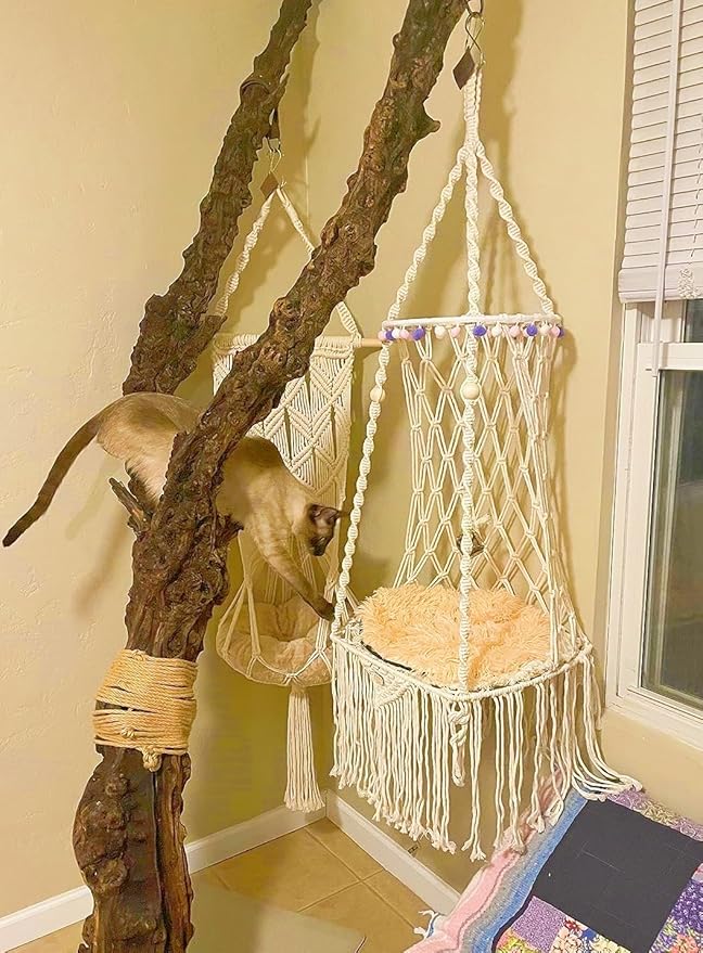 KARCEEY Cat Hammock Macrame Hanging Bed for Large Cats - 50lbs Heavy Duty Cat Swing Wall Mounted Boho Window Perch - Hardware Kit Included