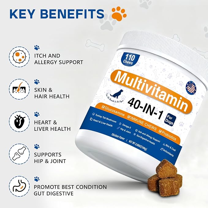 Dog Multivitamin, 40-in-1 Dog Vitamins and Supplements Chewable Contain Probiotics Omega-3 Glucosamine, Multivitamin for Dogs Skin Coat Heart Joint Liver Brain Eyes Immune Support (110ct)